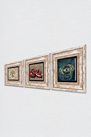 Nazar, Hayat Ağacı, Nar Taş Duvar Tablosu Çerçeveli Duvar Dekoru 3 Parça Tablo Seti Wall Art