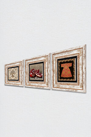 Hırka-i Şerif, Hayat Ağacı, Nar Taş Duvar Tablosu Çerçeveli Duvar Dekoru 3 Parça Tablo Seti Wall Art