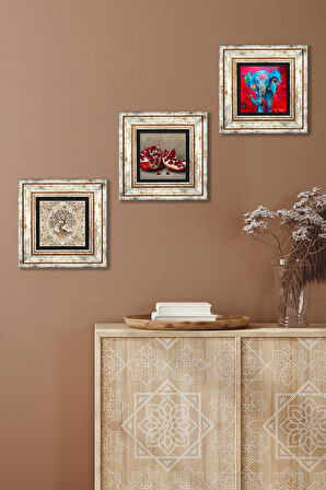 Fil, Hayat Ağacı, Nar Taş Duvar Tablosu Çerçeveli Duvar Dekoru 3 Parça Tablo Seti Wall Art