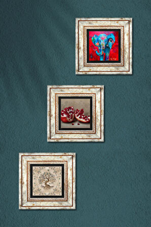 Fil, Hayat Ağacı, Nar Taş Duvar Tablosu Çerçeveli Duvar Dekoru 3 Parça Tablo Seti Wall Art