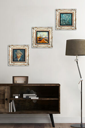 Van Gogh Balıkçı Tekneleri, Badem Ağacı, Otoportre Taş Duvar Tablosu Çerçeveli Duvar Dekoru 3 Parça Tablo Seti Wall Art