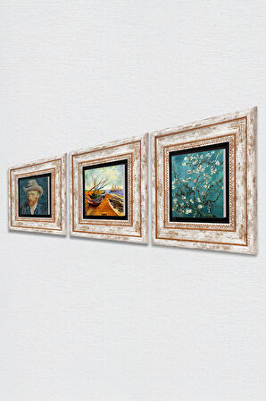 Van Gogh Balıkçı Tekneleri, Badem Ağacı, Otoportre Taş Duvar Tablosu Çerçeveli Duvar Dekoru 3 Parça Tablo Seti Wall Art