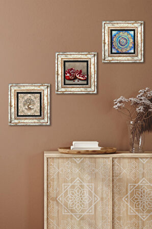 Mandala, Hayat Ağacı, Nar Taş Duvar Tablosu Çerçeveli Duvar Dekoru 3 Parça Tablo Seti Wall Art