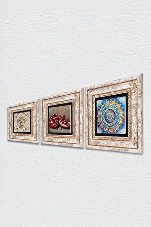 Mandala, Hayat Ağacı, Nar Taş Duvar Tablosu Çerçeveli Duvar Dekoru 3 Parça Tablo Seti Wall Art