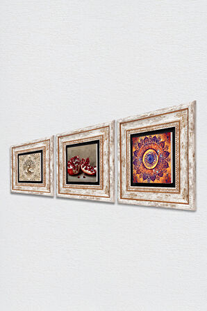 Mandala, Hayat Ağacı, Nar Taş Duvar Tablosu Çerçeveli Duvar Dekoru 3 Parça Tablo Seti Wall Art