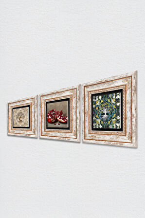 Hayat Ağacı, Nar Taş Duvar Tablosu Çerçeveli Duvar Dekoru 3 Parça Tablo Seti Wall Art