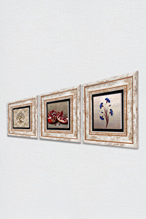 Ebru Sanatı, Hayat Ağacı, Nar Taş Duvar Tablosu Çerçeveli Duvar Dekoru 3 Parça Tablo Seti Wall Art