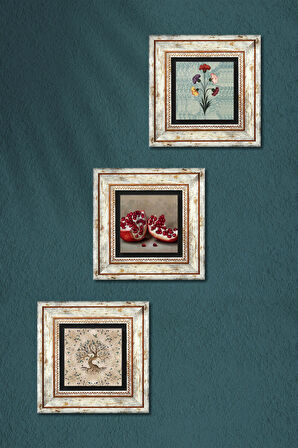 Ebru Sanatı, Hayat Ağacı, Nar Taş Duvar Tablosu Çerçeveli Duvar Dekoru 3 Parça Tablo Seti Wall Art