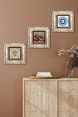 Nazar, Hayat Ağacı, Nar Taş Duvar Tablosu Çerçeveli Duvar Dekoru 3 Parça Tablo Seti Wall Art