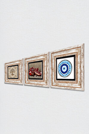 Nazar, Hayat Ağacı, Nar Taş Duvar Tablosu Çerçeveli Duvar Dekoru 3 Parça Tablo Seti Wall Art