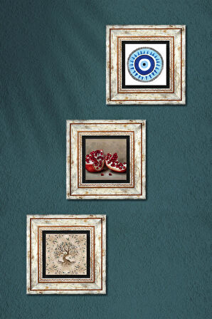 Nazar, Hayat Ağacı, Nar Taş Duvar Tablosu Çerçeveli Duvar Dekoru 3 Parça Tablo Seti Wall Art