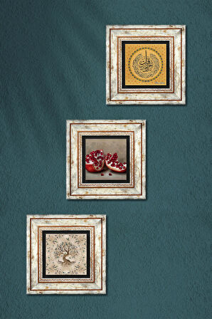 Nas Suresi, Hayat Ağacı, Nar Taş Duvar Tablosu Çerçeveli Duvar Dekoru 3 Parça Tablo Seti Wall Art