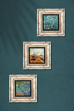 Van Gogh Balıkçı Tekneleri, İrisler, Badem Ağacı Taş Duvar Tablosu Çerçeveli Duvar Dekoru 3 Parça Tablo Seti Wall Art