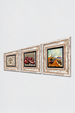 Van Gogh Balıkçı Tekneleri, Hayat Ağacı, Nar Taş Duvar Tablosu Çerçeveli Duvar Dekoru 3 Parça Tablo Seti Wall Art