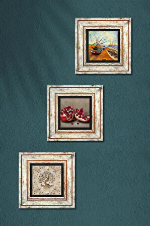 Van Gogh Balıkçı Tekneleri, Hayat Ağacı, Nar Taş Duvar Tablosu Çerçeveli Duvar Dekoru 3 Parça Tablo Seti Wall Art