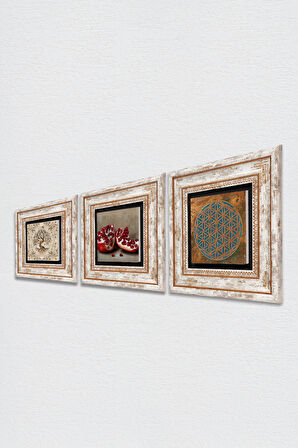 Yaşam Çiçeği, Hayat Ağacı, Nar Taş Duvar Tablosu Çerçeveli Duvar Dekoru 3 Parça Tablo Seti Wall Art