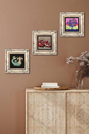 Karla Gerard Hayat Ağacı, Şahmeran, Nar Taş Duvar Tablosu Çerçeveli Duvar Dekoru 3 Parça Tablo Seti Wall Art