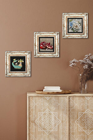 Kelebekli Çiçek, Şahmeran, Nar Taş Duvar Tablosu Çerçeveli Duvar Dekoru 3 Parça Tablo Seti Wall Art