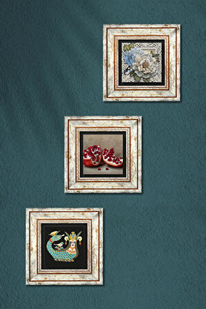 Kelebekli Çiçek, Şahmeran, Nar Taş Duvar Tablosu Çerçeveli Duvar Dekoru 3 Parça Tablo Seti Wall Art