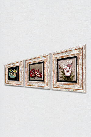 Kelebekli Çiçek, Şahmeran, Nar Taş Duvar Tablosu Çerçeveli Duvar Dekoru 3 Parça Tablo Seti Wall Art
