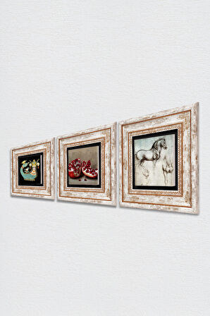 Leonardo da Vinci At Heykeli, Şahmeran, Nar Taş Duvar Tablosu Çerçeveli Duvar Dekoru 3 Parça Tablo Seti Wall Art