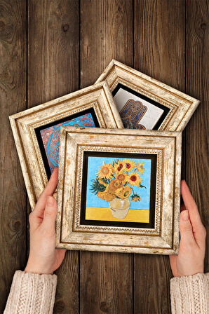 Van Gogh Balıkçı Tekneleri, On İki Ayçiçekli Vazo, İrisler Taş Duvar Tablosu Çerçeveli Duvar Dekoru 3 Parça Tablo Seti Wall Art