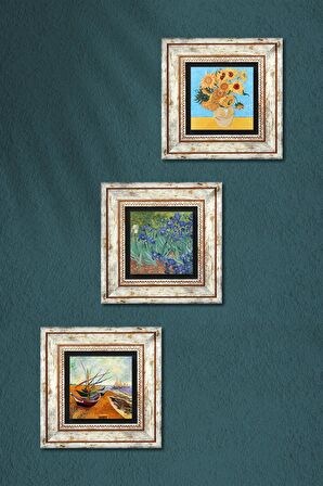 Van Gogh Balıkçı Tekneleri, On İki Ayçiçekli Vazo, İrisler Taş Duvar Tablosu Çerçeveli Duvar Dekoru 3 Parça Tablo Seti Wall Art