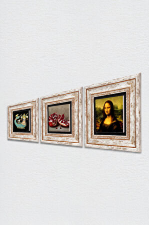 Leonardo da Vinci Mona Lisa, Şahmeran, Nar Taş Duvar Tablosu Çerçeveli Duvar Dekoru 3 Parça Tablo Seti Wall Art