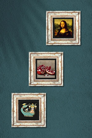 Leonardo da Vinci Mona Lisa, Şahmeran, Nar Taş Duvar Tablosu Çerçeveli Duvar Dekoru 3 Parça Tablo Seti Wall Art