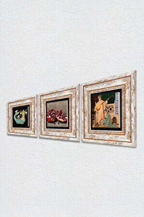 İki Müzisyen Kız Tablosu, Şahmeran, Nar Taş Duvar Tablosu Çerçeveli Duvar Dekoru 3 Parça Tablo Seti Wall Art