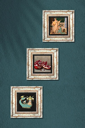 İki Müzisyen Kız Tablosu, Şahmeran, Nar Taş Duvar Tablosu Çerçeveli Duvar Dekoru 3 Parça Tablo Seti Wall Art