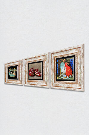 Kaplumbağa Terbiyecisi, Şahmeran, Nar Taş Duvar Tablosu Çerçeveli Duvar Dekoru 3 Parça Tablo Seti Wall Art