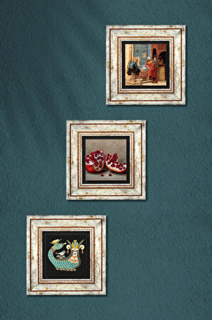 Satranç Oyunu, Şahmeran, Nar Taş Duvar Tablosu Çerçeveli Duvar Dekoru 3 Parça Tablo Seti Wall Art