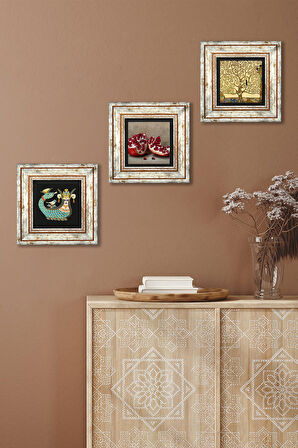 Gustav Klimt Hayat Ağacı, Şahmeran, Nar Taş Duvar Tablosu Çerçeveli Duvar Dekoru 3 Parça Tablo Seti Wall Art