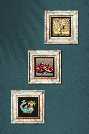 Gustav Klimt Hayat Ağacı, Şahmeran, Nar Taş Duvar Tablosu Çerçeveli Duvar Dekoru 3 Parça Tablo Seti Wall Art