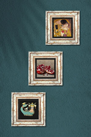 Gustav Klimt Öpücük, Şahmeran, Nar Taş Duvar Tablosu Çerçeveli Duvar Dekoru 3 Parça Tablo Seti Wall Art