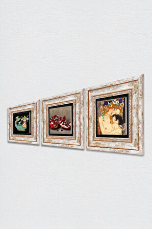 Gustav Klimt Anne Çocuk, Şahmeran, Nar Taş Duvar Tablosu Çerçeveli Duvar Dekoru 3 Parça Tablo Seti Wall Art