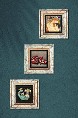 Gustav Klimt Anne Çocuk, Şahmeran, Nar Taş Duvar Tablosu Çerçeveli Duvar Dekoru 3 Parça Tablo Seti Wall Art
