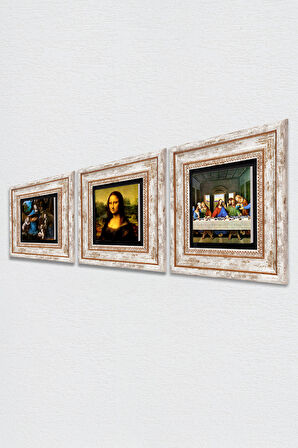 Da Vinci Son Akşam Yemeği, Kayalıklar Bakiresi, Mona Lisa Taş Duvar Tablosu Çerçeveli Duvar Dekoru 3 Parça Tablo Seti Wall Art