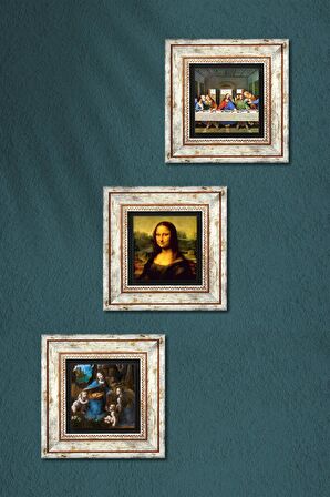 Da Vinci Son Akşam Yemeği, Kayalıklar Bakiresi, Mona Lisa Taş Duvar Tablosu Çerçeveli Duvar Dekoru 3 Parça Tablo Seti Wall Art