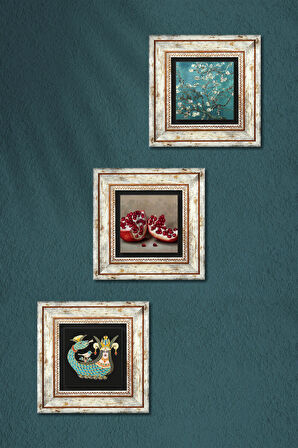 Van Gogh Badem Ağacı, Şahmeran, Nar Taş Duvar Tablosu Çerçeveli Duvar Dekoru 3 Parça Tablo Seti Wall Art