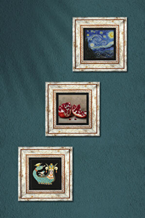 Van Gogh Yıldızlı Gece, Şahmeran, Nar Taş Duvar Tablosu Çerçeveli Duvar Dekoru 3 Parça Tablo Seti Wall Art