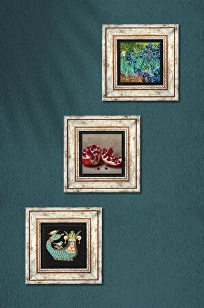 Van Gogh İrisler, Şahmeran, Nar Taş Duvar Tablosu Çerçeveli Duvar Dekoru 3 Parça Tablo Seti Wall Art