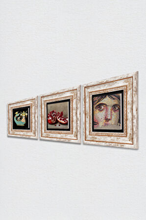 Çingene Kızı Mozaiği, Şahmeran, Nar Taş Duvar Tablosu Çerçeveli Duvar Dekoru 3 Parça Tablo Seti Wall Art