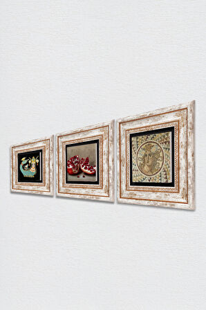 Mozaik Serisi, Şahmeran, Nar Taş Duvar Tablosu Çerçeveli Duvar Dekoru 3 Parça Tablo Seti Wall Art