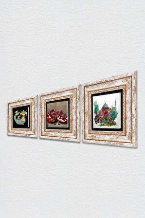 İstanbul Ayasofya, Şahmeran, Nar Taş Duvar Tablosu Çerçeveli Duvar Dekoru 3 Parça Tablo Seti Wall Art