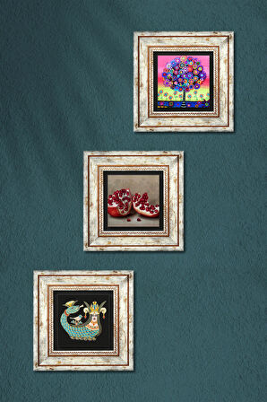 Hayat Ağacı, Şahmeran, Nar Taş Duvar Tablosu Çerçeveli Duvar Dekoru 3 Parça Tablo Seti Wall Art