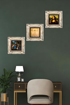 Da Vinci Kayalıklar Bakiresi, Mona Lisa, Vitruvius Adamı Taş Duvar Tablosu Çerçeveli Duvar Dekoru 3 Parça Tablo Seti Wall Art