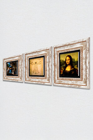 Da Vinci Kayalıklar Bakiresi, Mona Lisa, Vitruvius Adamı Taş Duvar Tablosu Çerçeveli Duvar Dekoru 3 Parça Tablo Seti Wall Art