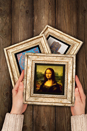 Da Vinci Kayalıklar Bakiresi, Mona Lisa, Vitruvius Adamı Taş Duvar Tablosu Çerçeveli Duvar Dekoru 3 Parça Tablo Seti Wall Art